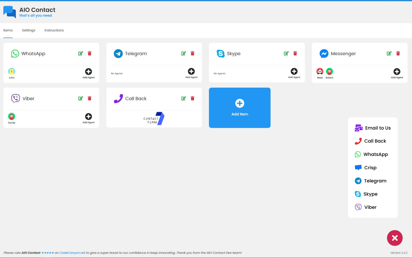 AIO Contact admin Items tab with WhatsApp, Telegram, Skype, Messenger, Viber, and a Contact Form 7 callback card