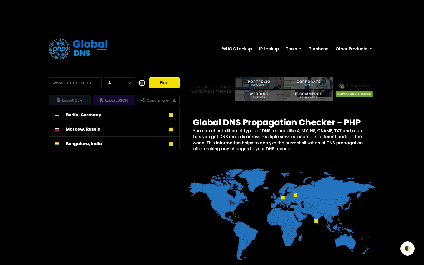 Global DNS PHP: domain field, A record lookup, export buttons, and a world map of check servers