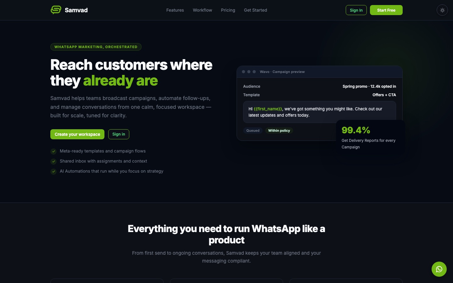 Samvad homepage: campaign workspace with templates, inbox, and delivery reports