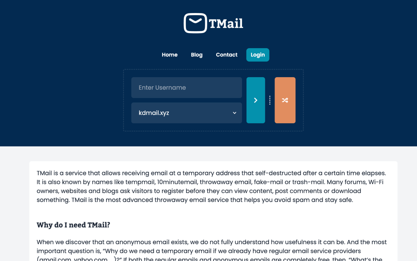 TMail Default theme: create a temporary address from a username and domain