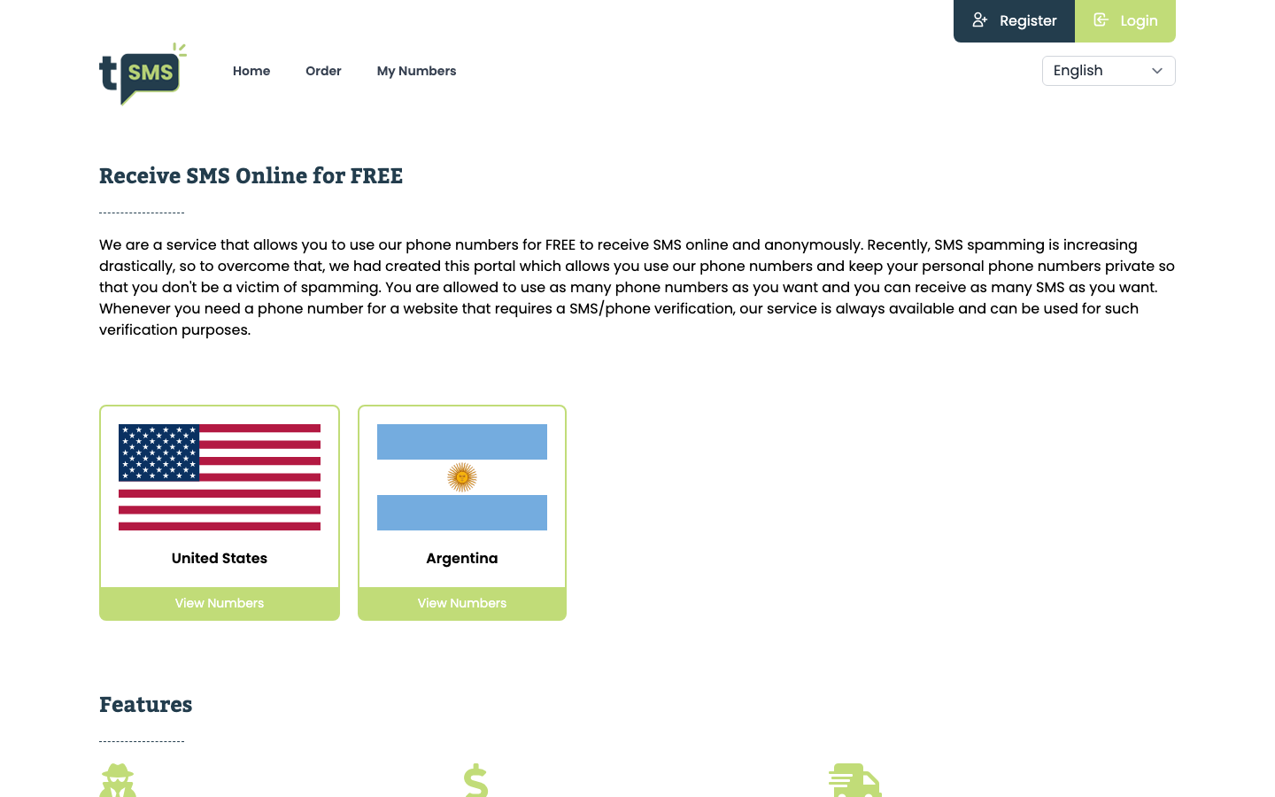 tSMS public homepage with country cards for United States and Argentina numbers